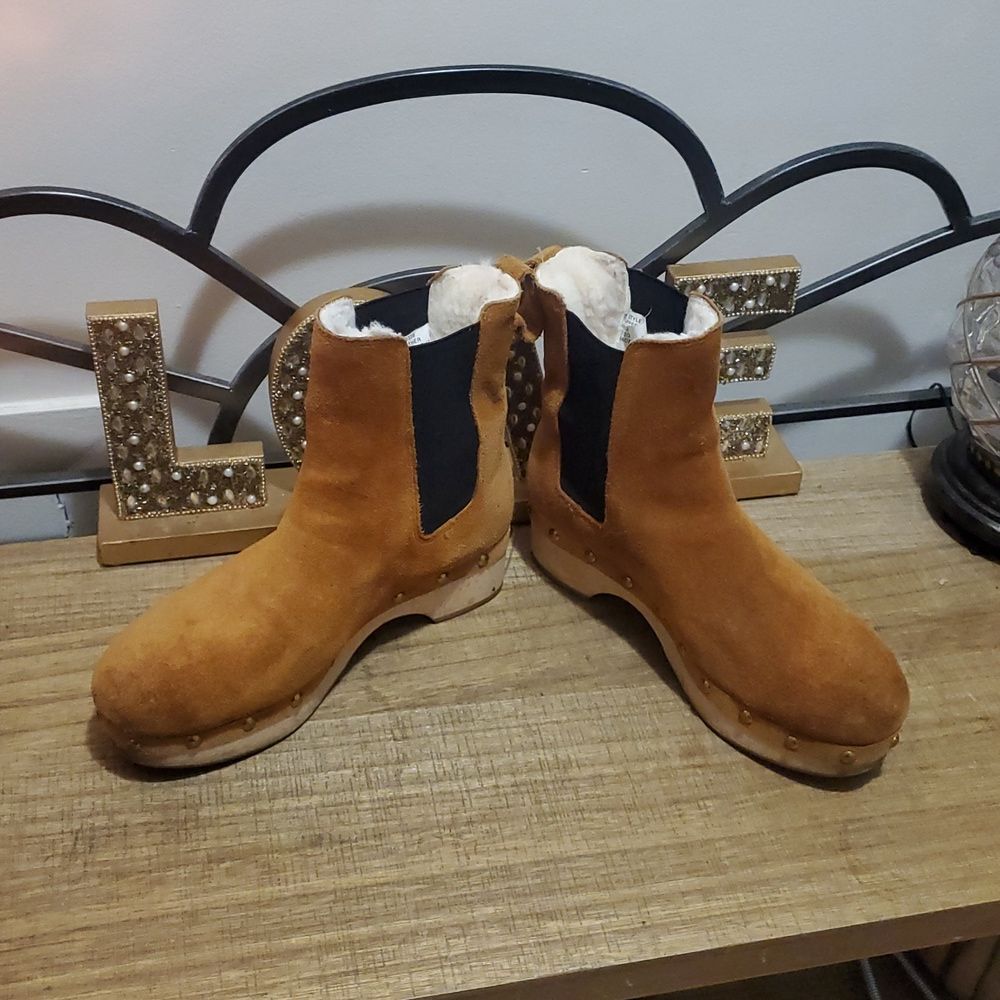 J. Crew Womens Suede Faux-fur Lined Wooden Clog Platform Chelsea Boots Sz 6 Boho - Picture 7 of 11